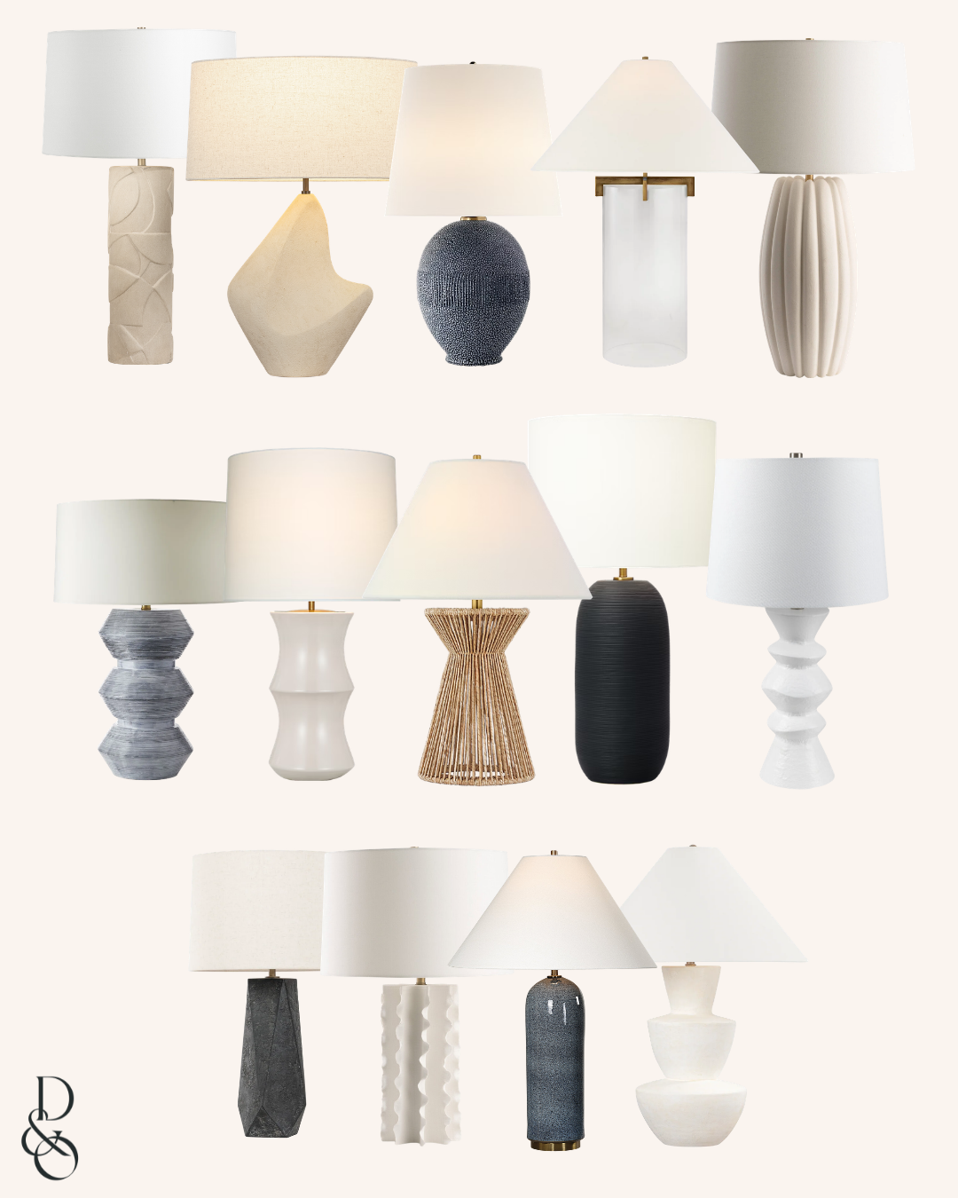 Selection of lamps curated by Dwell & Oak, luxury interior designer in Westchester, NY.